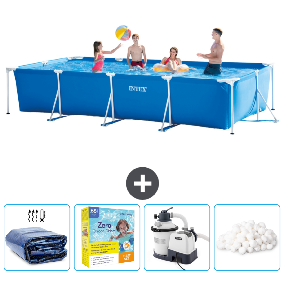 People in a blue Intex pool playing with a ball. Included: cover, chemicals, and filter.