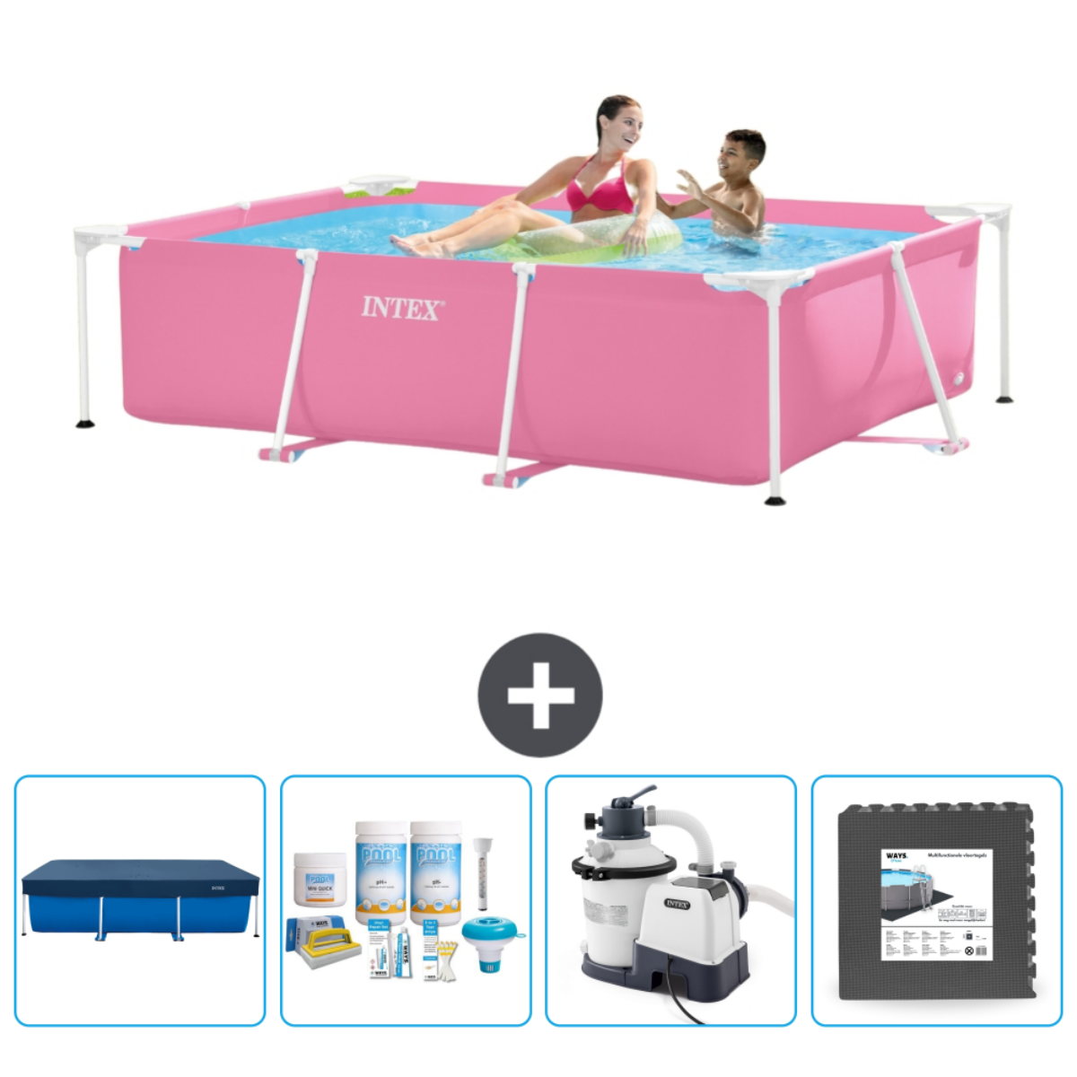 People in a pink rectangular pool. Accessories include a cover, chemicals, and a filter. The pool is labelled INTEX.
