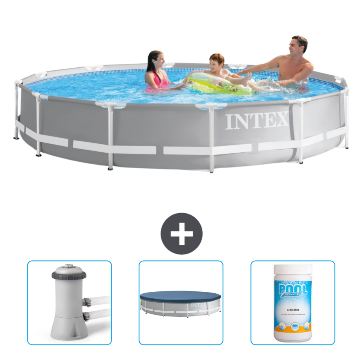 Famille dans une piscine Intex grise. Inclut filtre, bâche et chlore.