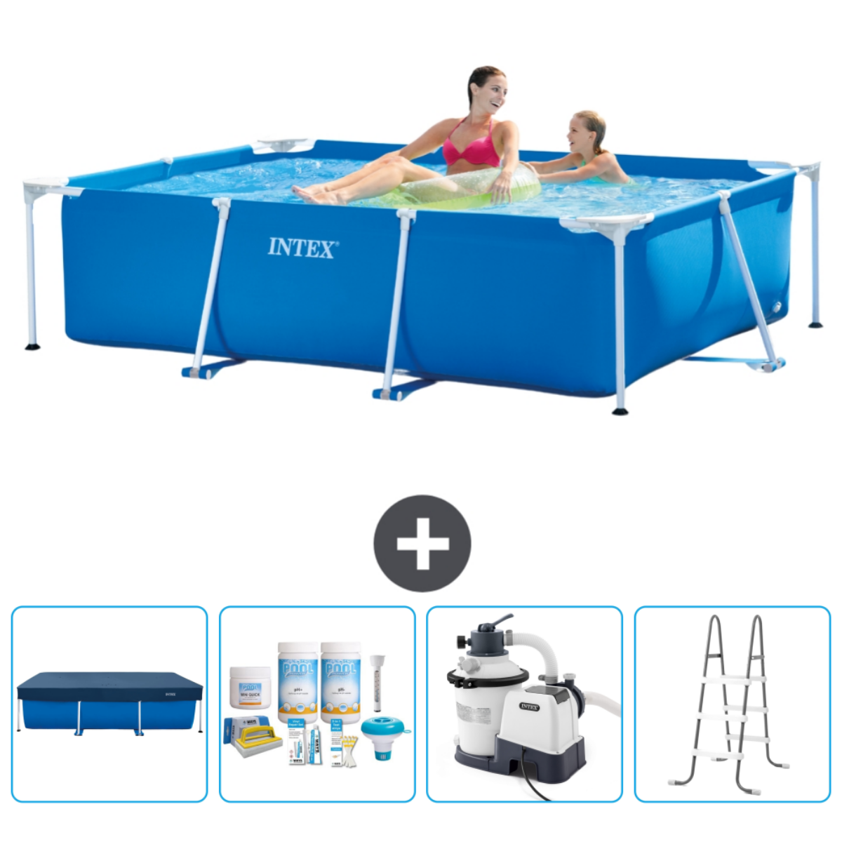 Two women in a blue rectangular pool. Accessories include a cover, chemicals, and a ladder.