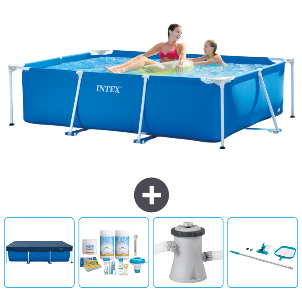 Blauw rechthoekig Intex-zwembad, accessoires: afdekzeil, chemicaliën, filter en reinigingsset.