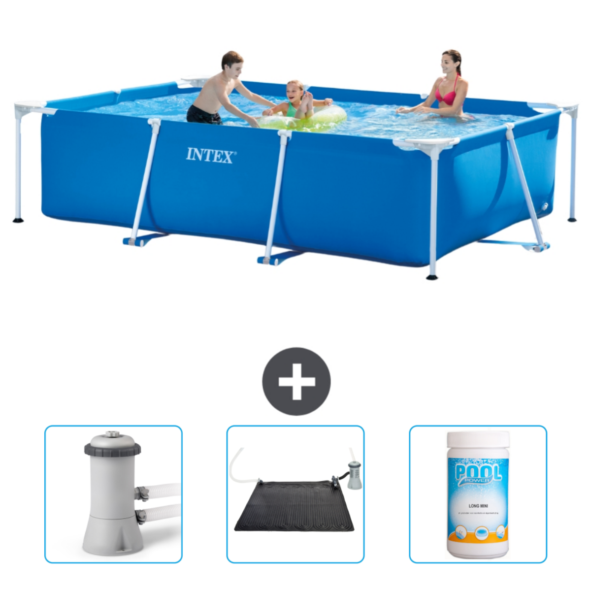 Mensen zwemmen in een blauw Intex-zwembad. Hieronder staan ​​zwembadaccessoires: filter, zonnescherm en chemicaliën.