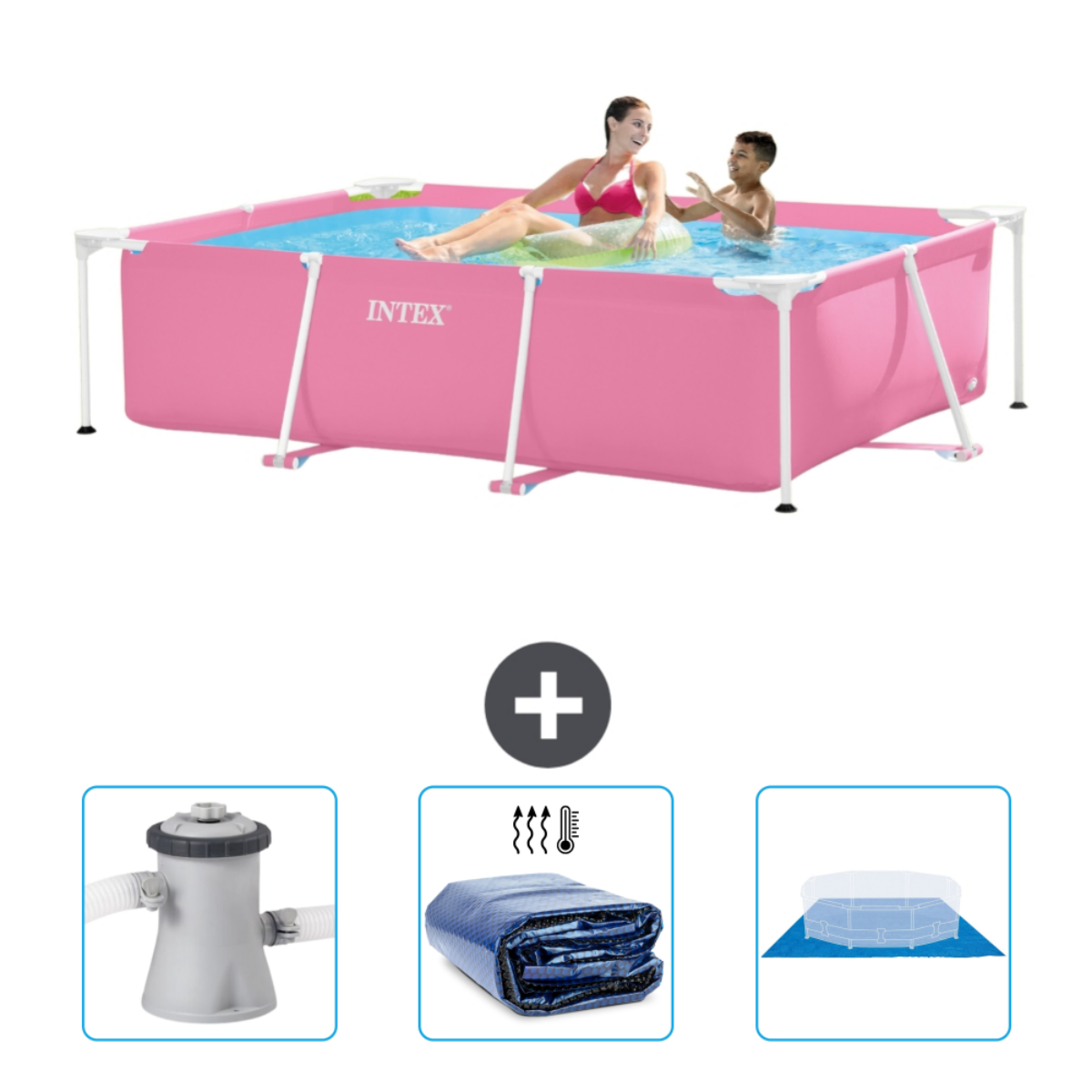 Personen in einem rosa Intex-Pool. Zubehör: Filter, Abdeckung und Bodenschutzfolie.