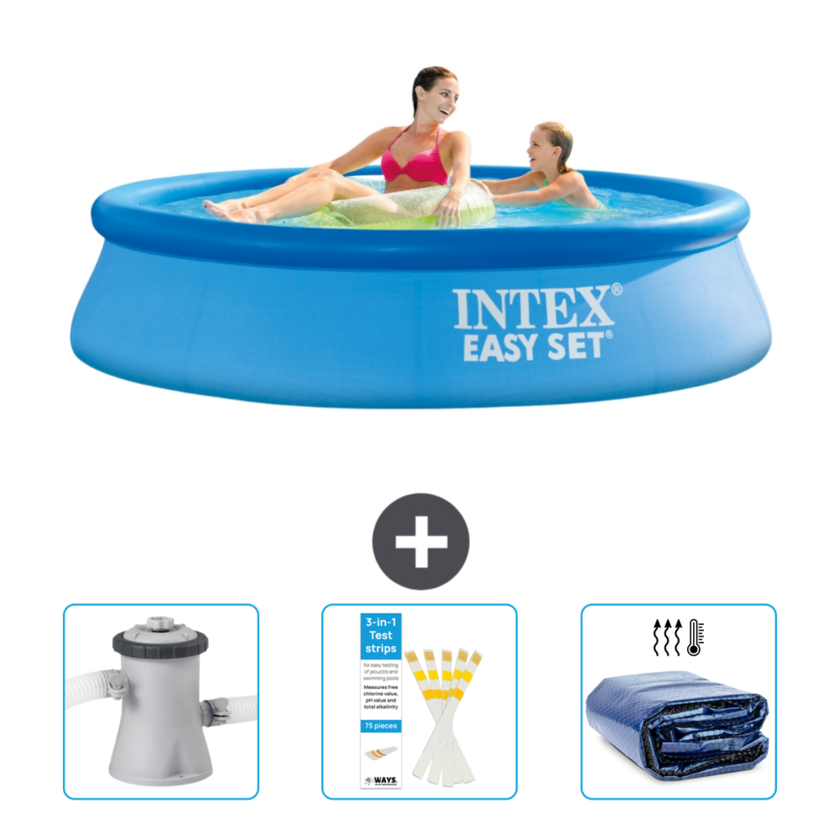 Personen im blauen Easy Set Pool, Zubehör: Pumpe, Teststreifen, Abdeckung, Chemikalien.