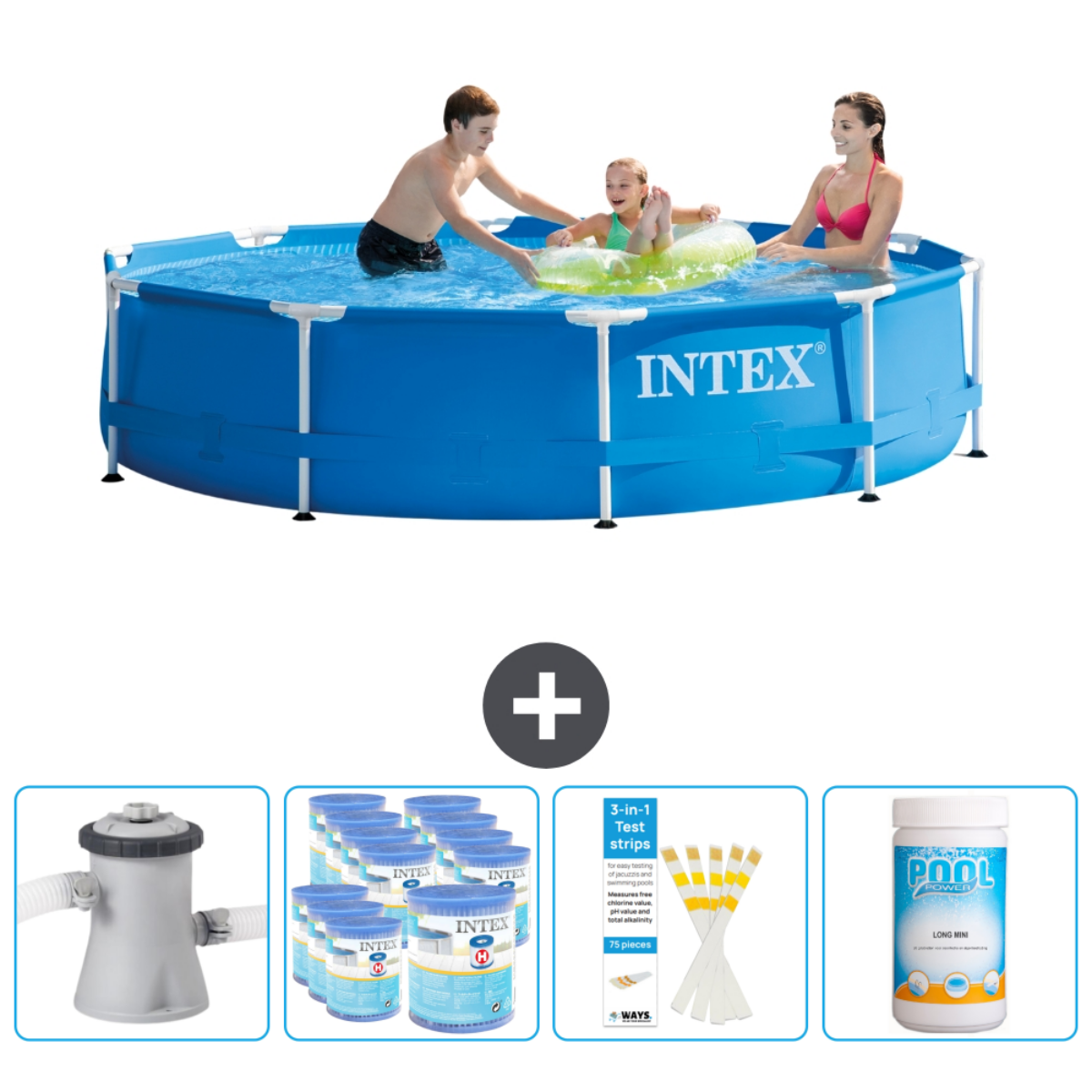 Mensen in een blauw zwembad. Accessoires: filter, chemicaliën, teststrips en lange zwemmen.