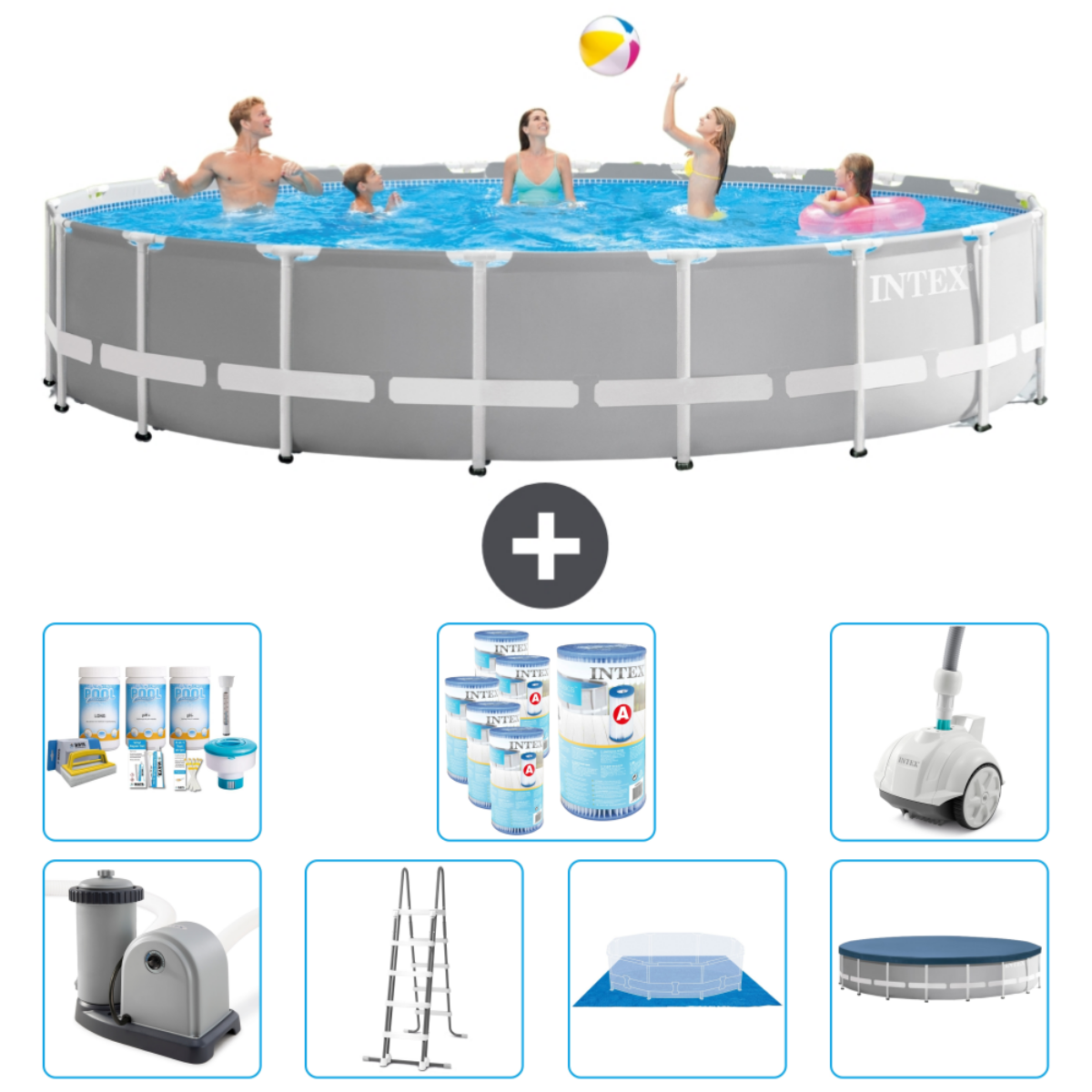 Mensen in een grijze ronde pool met accessoires: filter, chemicaliën, ladder, mat, afdekking, stofzuiger.