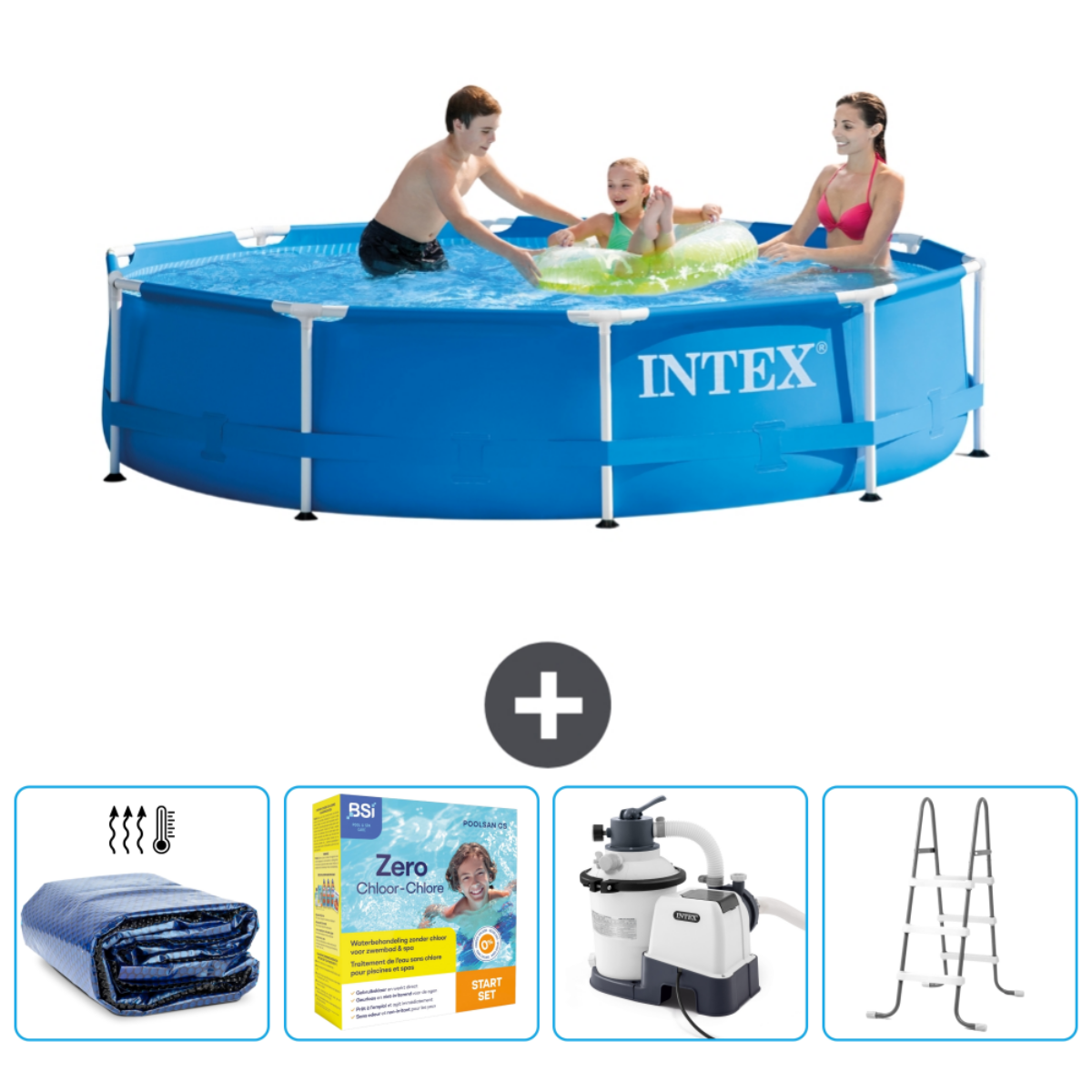 Family in blue Intex pool. Accessories: cover, chemicals, filter, and ladder.