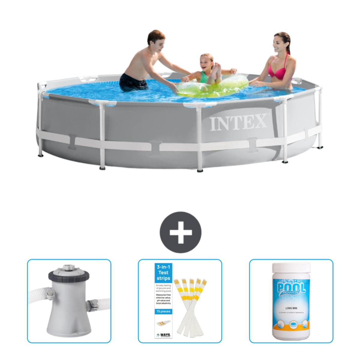 Familie in einem Intex-Pool mit Zubehör. Enthält Filter, Teststreifen und Poolchemikalien.
