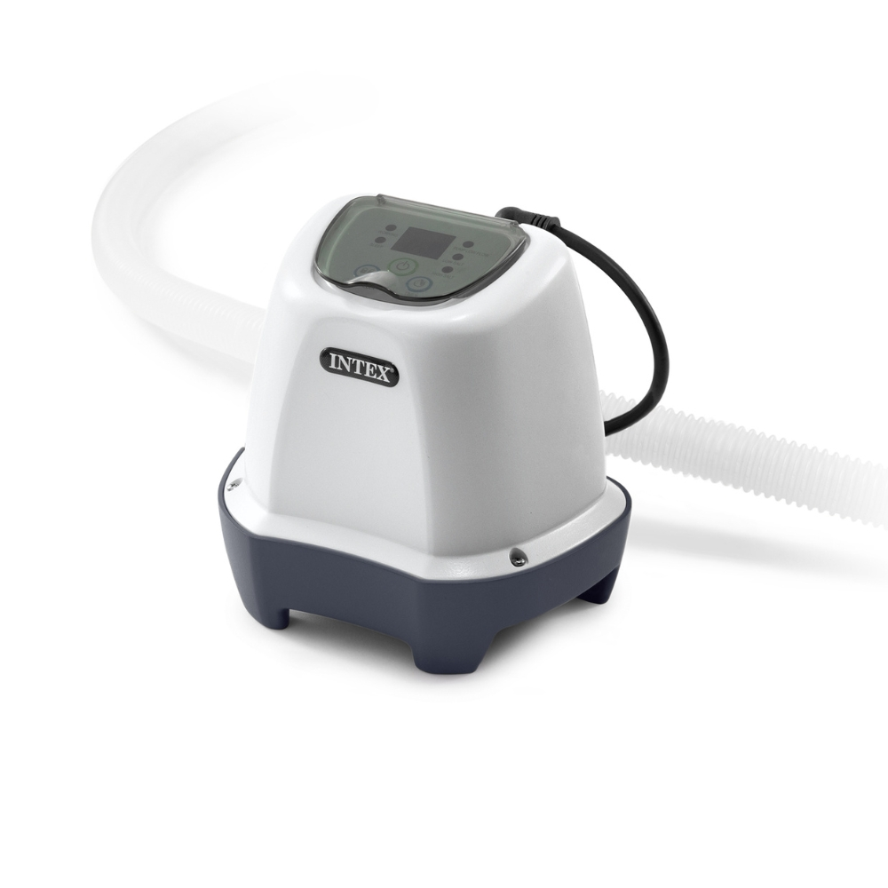 Witte en grijze Intex zwembadpomp met digitaal display.