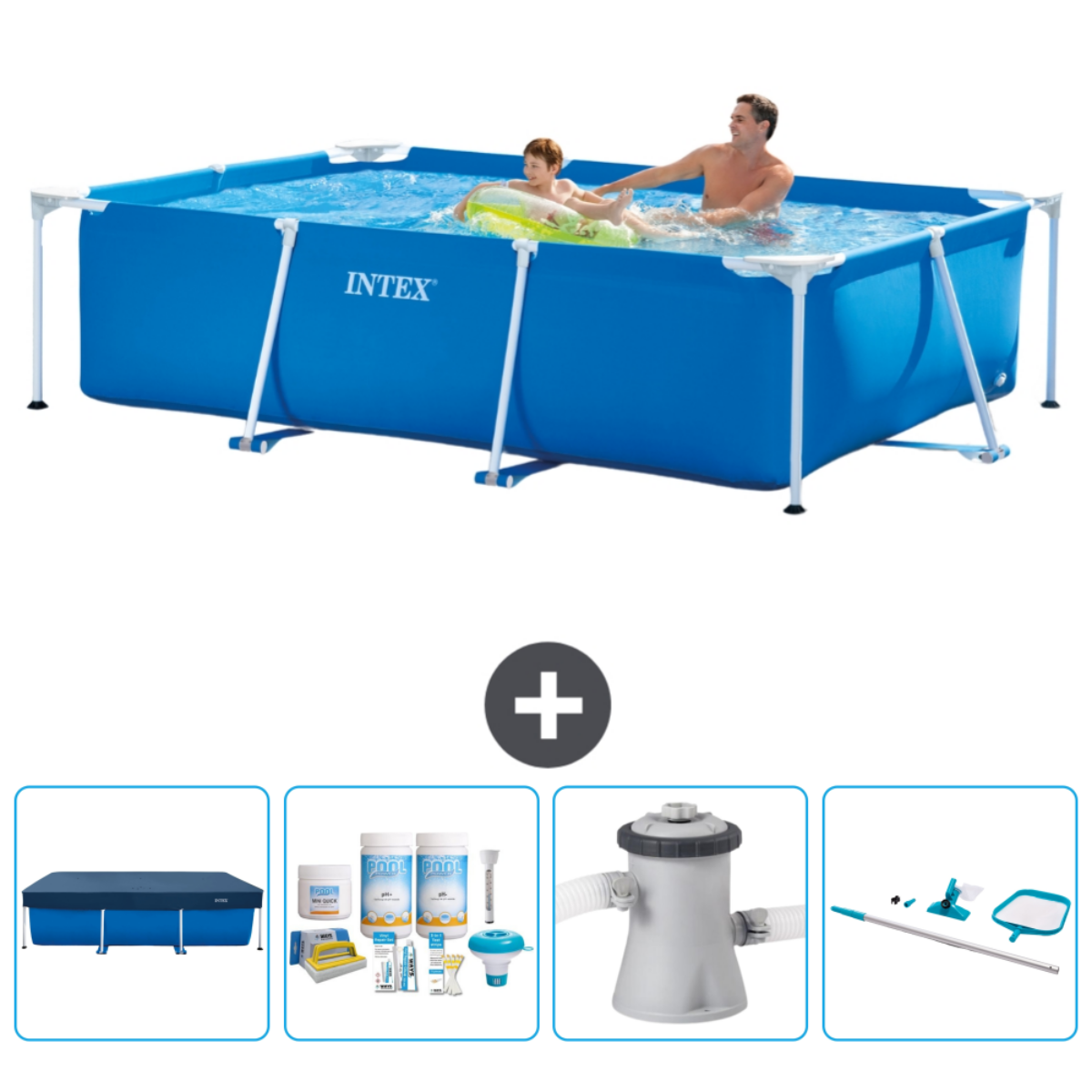 Mensen zwemmen in een blauw Intex-zwembad. Accessoires zijn onder meer: ​​zwembadafdekking, chemicaliën, pomp en schoonmaaknet.