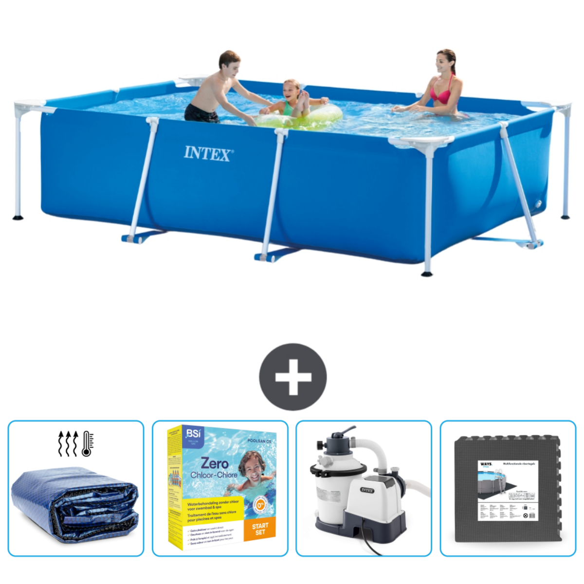 People in a blue pool. Accessories: cover, chemicals, pump, and a foam mat.