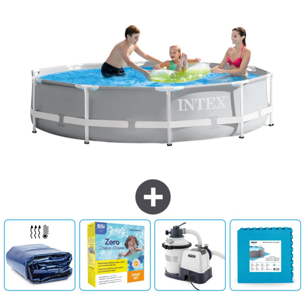 People in pool. Pool accessories include cover, chlorine, filter, and mat. 