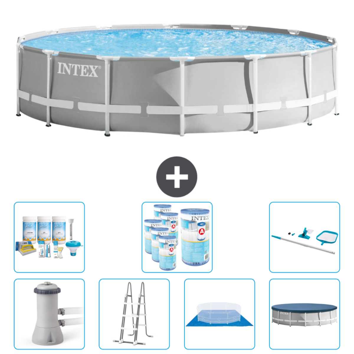 Grijs zwembad met accessoires zoals chemicaliën, een ladder en een filter. Het zwembad is voorzien van INTEX.