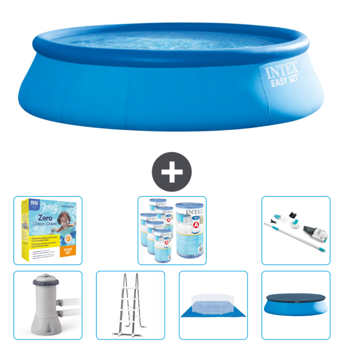 Blauw rond zwembad met accessoires. Inclusief chemicaliën, filter, ladder en afdekking.