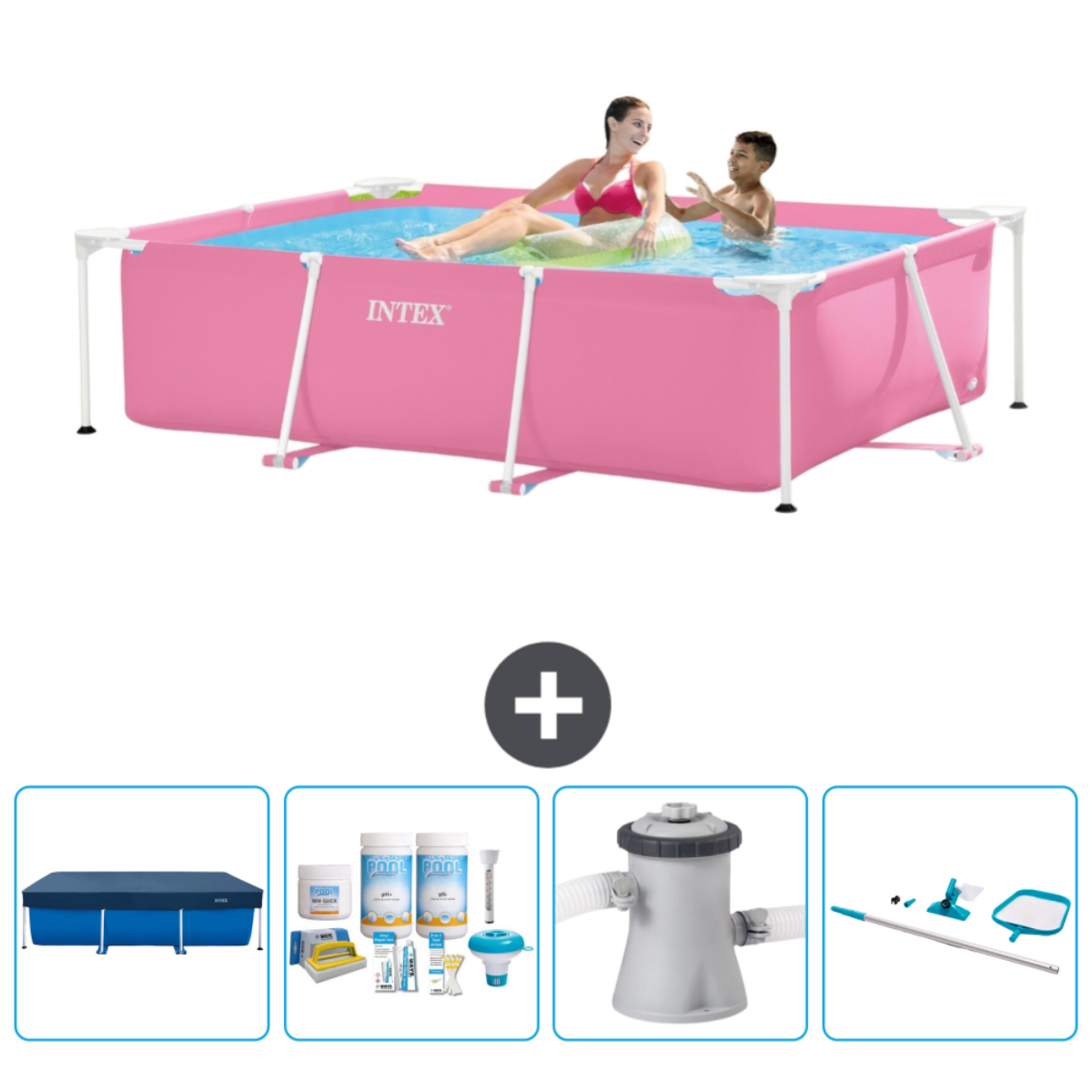 Mensen in een roze Intex-zwembad. Inclusief: afdekzeil, chemicaliën, filter en reiniging.