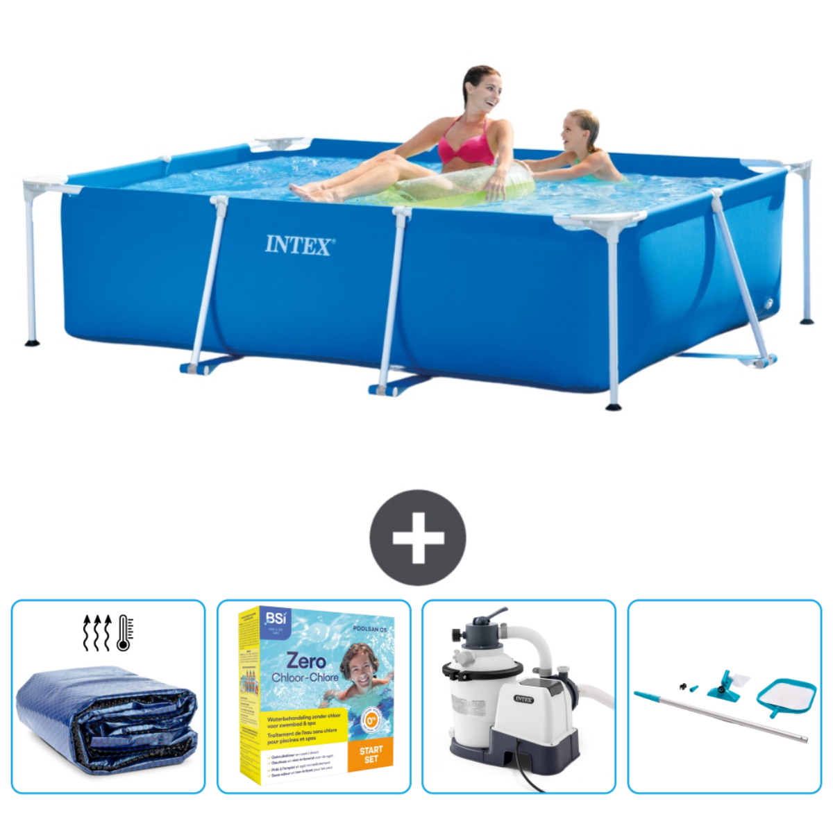 Blauer Intex-Pool mit zwei Personen und Zubehör. Abdeckung, Chemikalien und Filter sind enthalten.