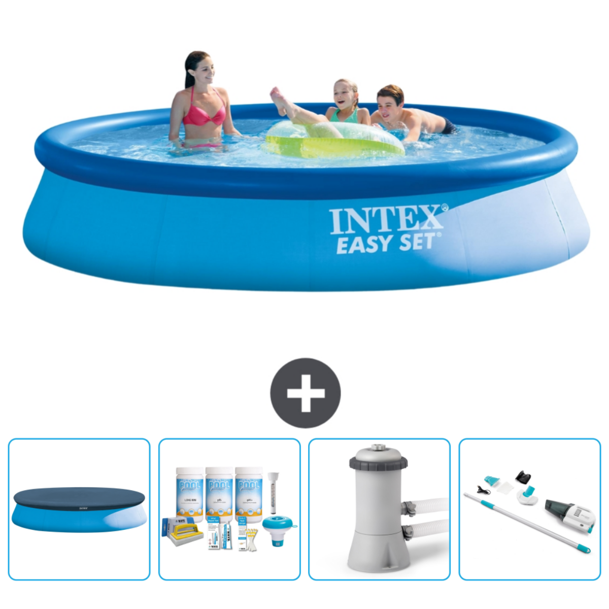 Een groot blauw zwembad met mensen erin, plus diverse zwembadaccessoires eronder.