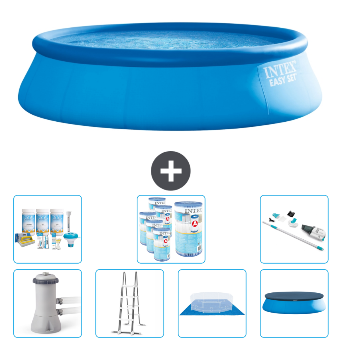 Piscine bleue avec accessoires: produits chimiques, filtre, échelle, couverture et outils de nettoyage.