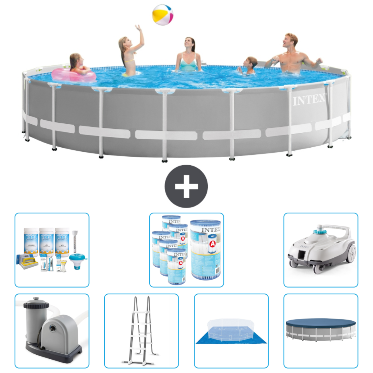Rond zwembad met mensen en accessoires. Blauw water met luchtreflectie. Witte achtergrond.