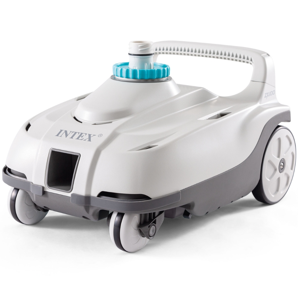 Witte en grijze Intex ZX100 robot zwembadreiniger, wielen zichtbaar.