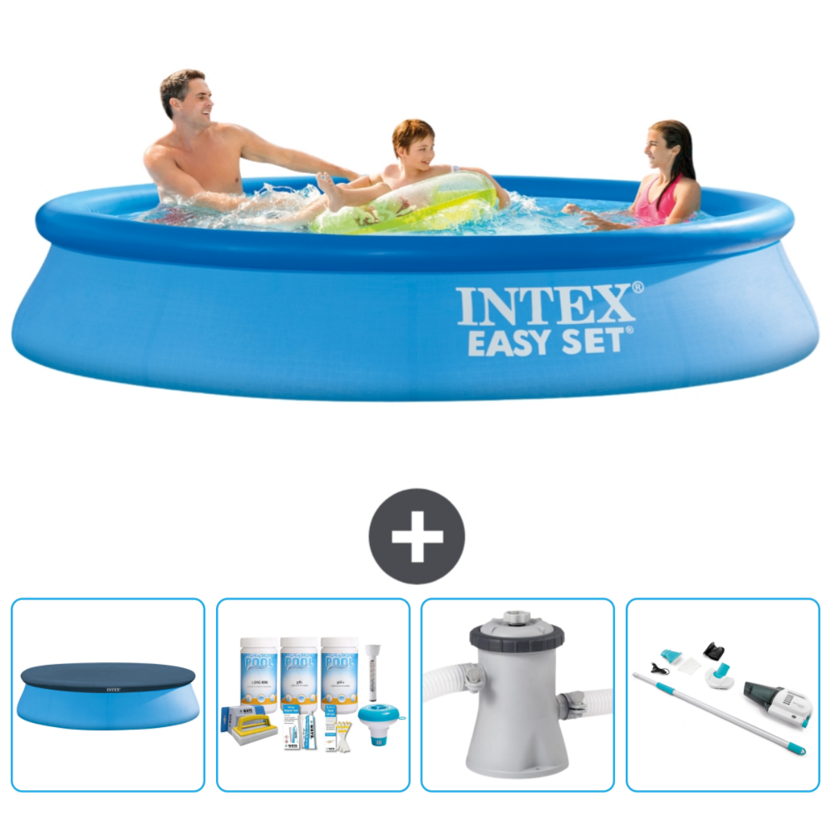 Mensen in een blauw rond zwembad. Accessoires zijn onder meer een afdekzeil, chemicaliën, een filter en een stofzuiger. Zwembad is voorzien van INTEX.