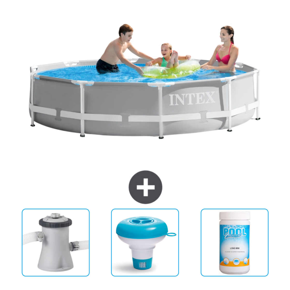 Drie personen in een grijs zwembad. Accessoires: filter, vlotter en chemische producten.
