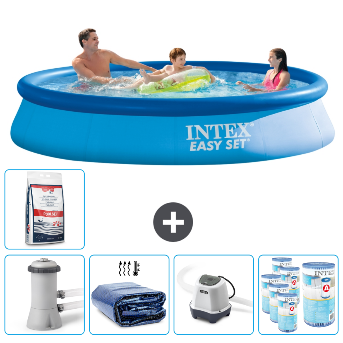 Piscine Intex avec trois personnes, plus accessoires: produits chimiques, filtre, couverture, échelle.