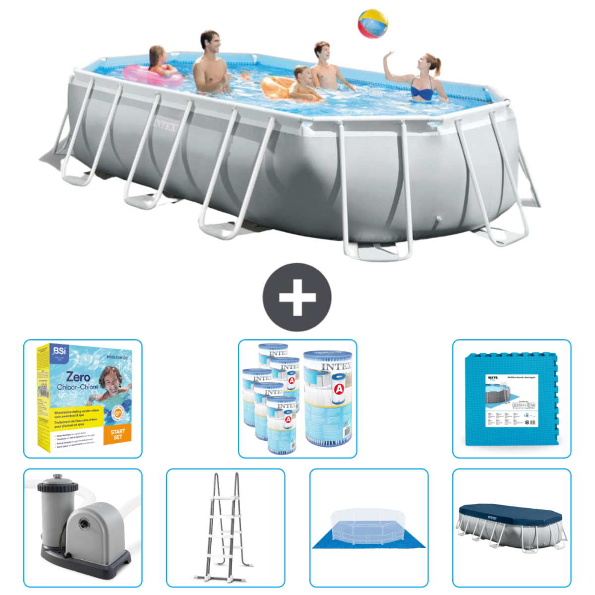 Des personnes dans une piscine avec des accessoires et un kit de traitement, sur fond blanc.