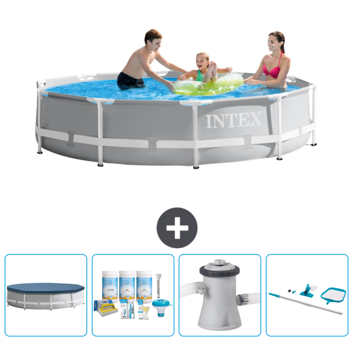 Grijs Intex-zwembad met mensen, accessoires: afdekzeil, chemicaliën, filter en reinigingsset.