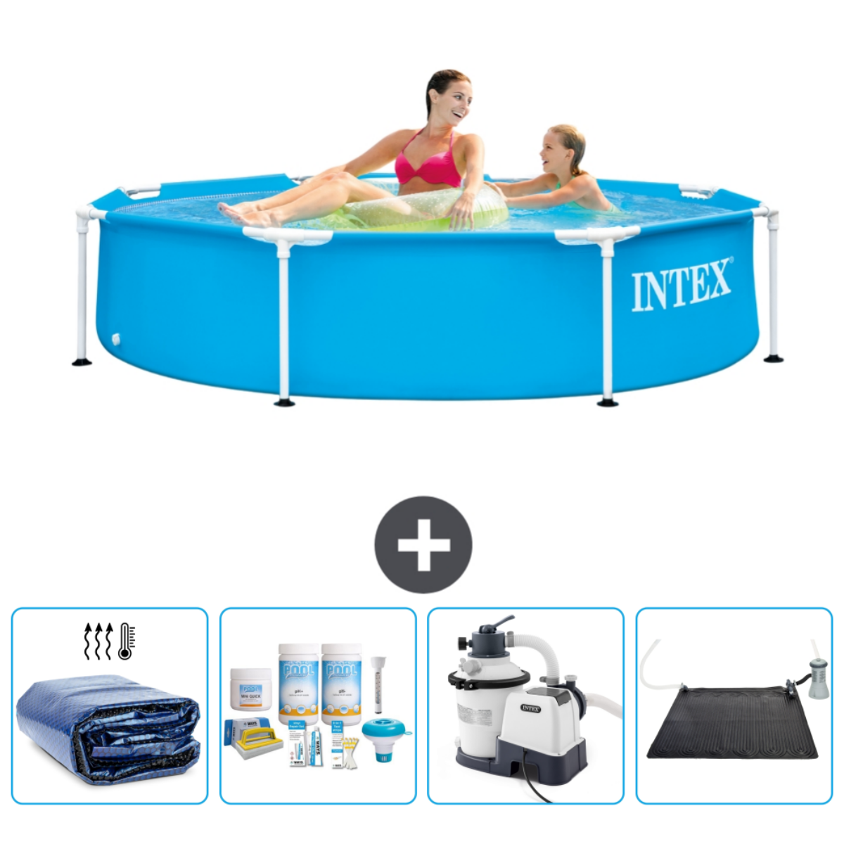 People swim in a blue, rectangular pool. Pool cover, chemicals, filter, and a solar mat are also shown.