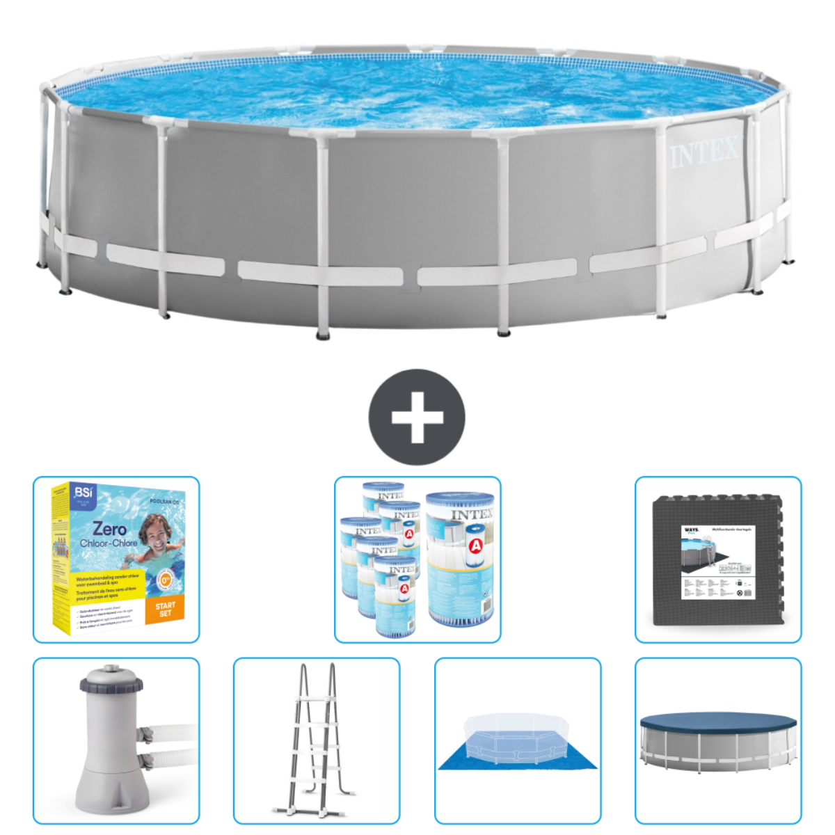 Rond Intex zwembad met accessoires. Inclusief chemicaliën, ladder, afdekzeil, pomp en grondbescherming.