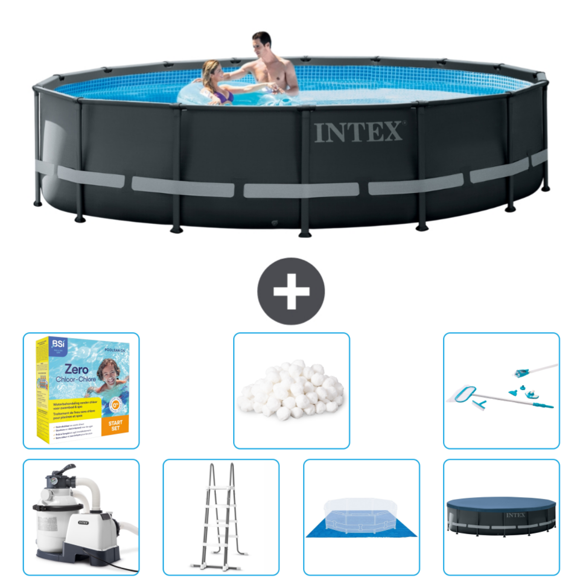 Mensen in een grijs Intex-zwembad. Inclusief: filter, ladder, chemicaliën en reiniging.