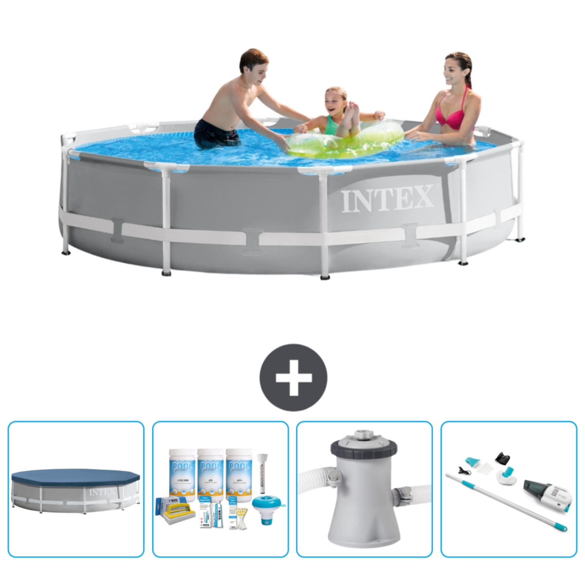 Piscine Intex grise avec personnes. Comprend couverture, produits chimiques, pompe et accessoires de nettoyage.