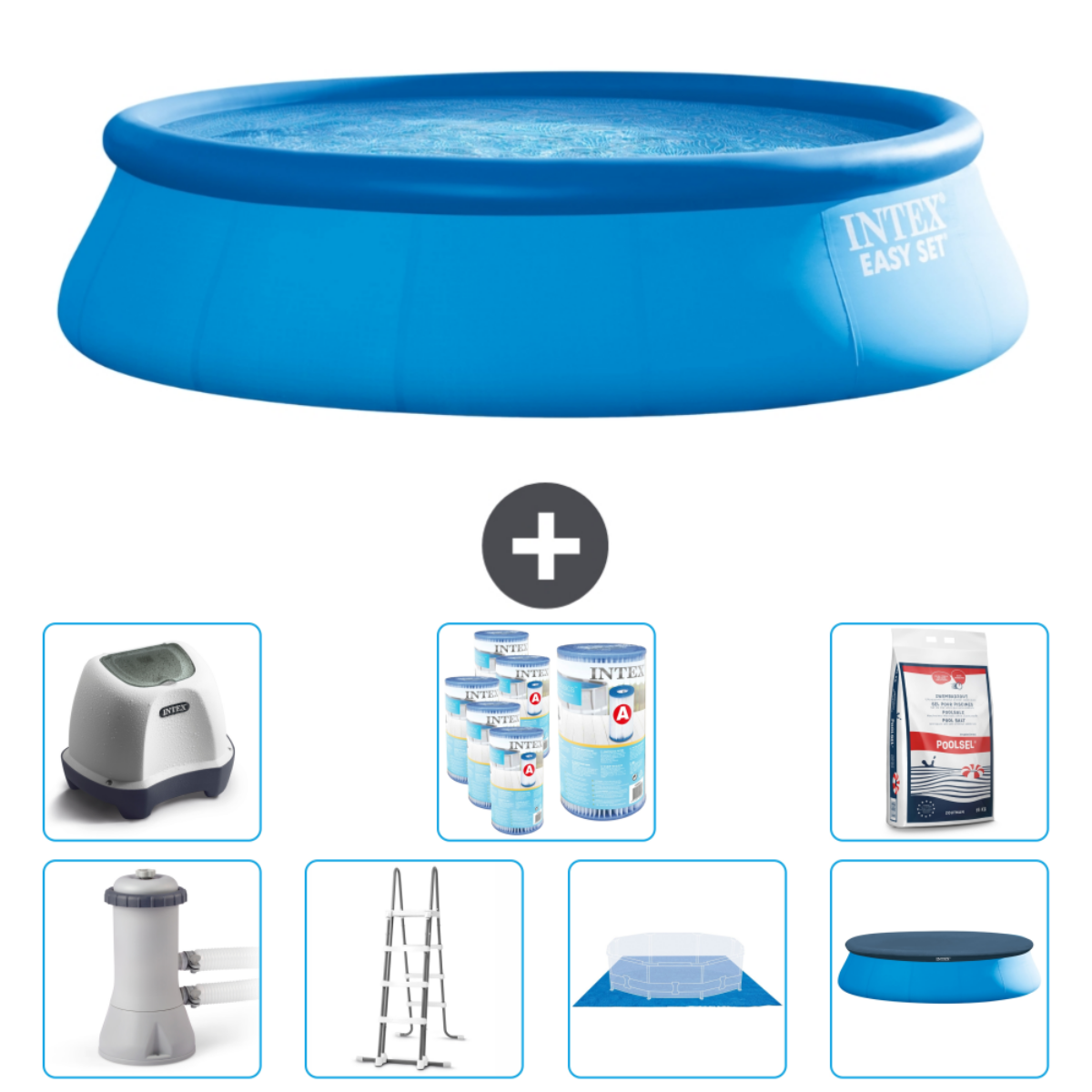 Piscine Intex Easy Set bleue. Accessoires : pompe, produits, échelle, bâche et tapis.