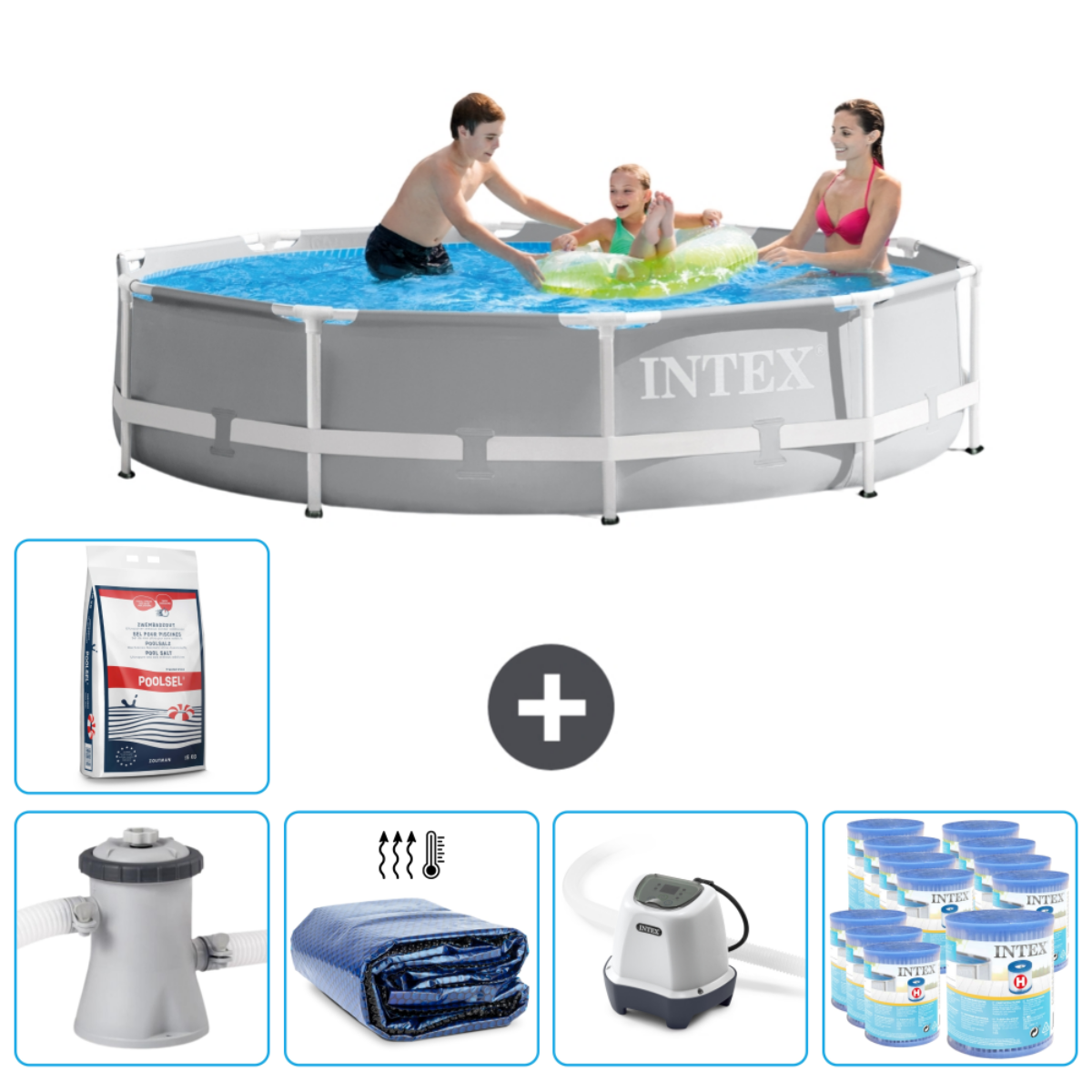 Mensen zwemmen in een grijs Intex-zwembad. Getoond: chemicaliën, filter, afdekking, pomp, ladder en zonnescherm.