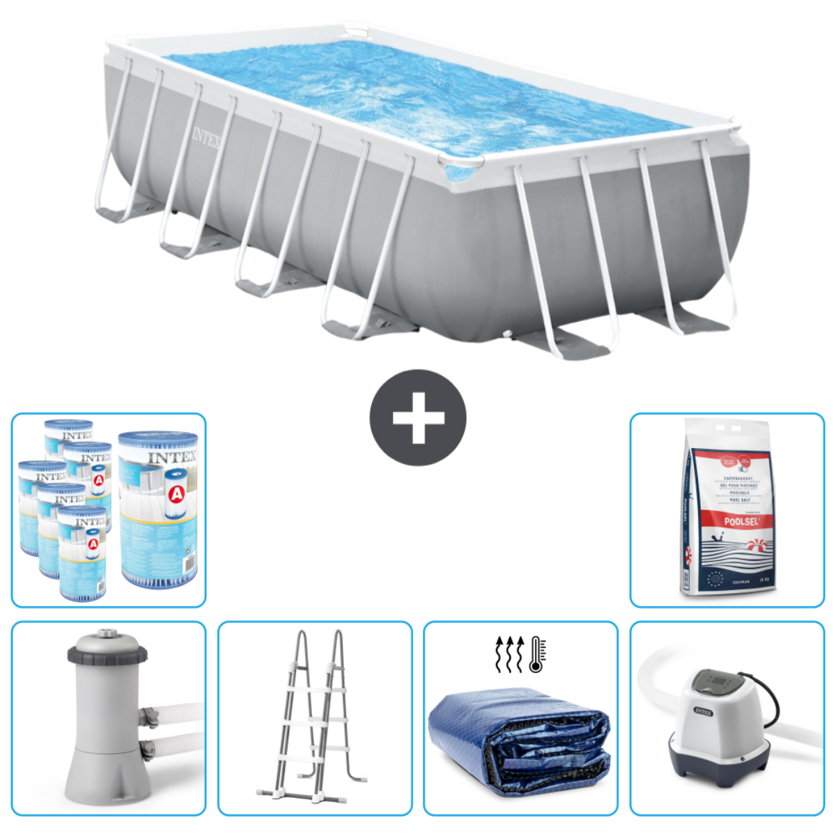 People in a gray Intex pool. Included: chemicals, filter, ladder, and cleaning supplies.