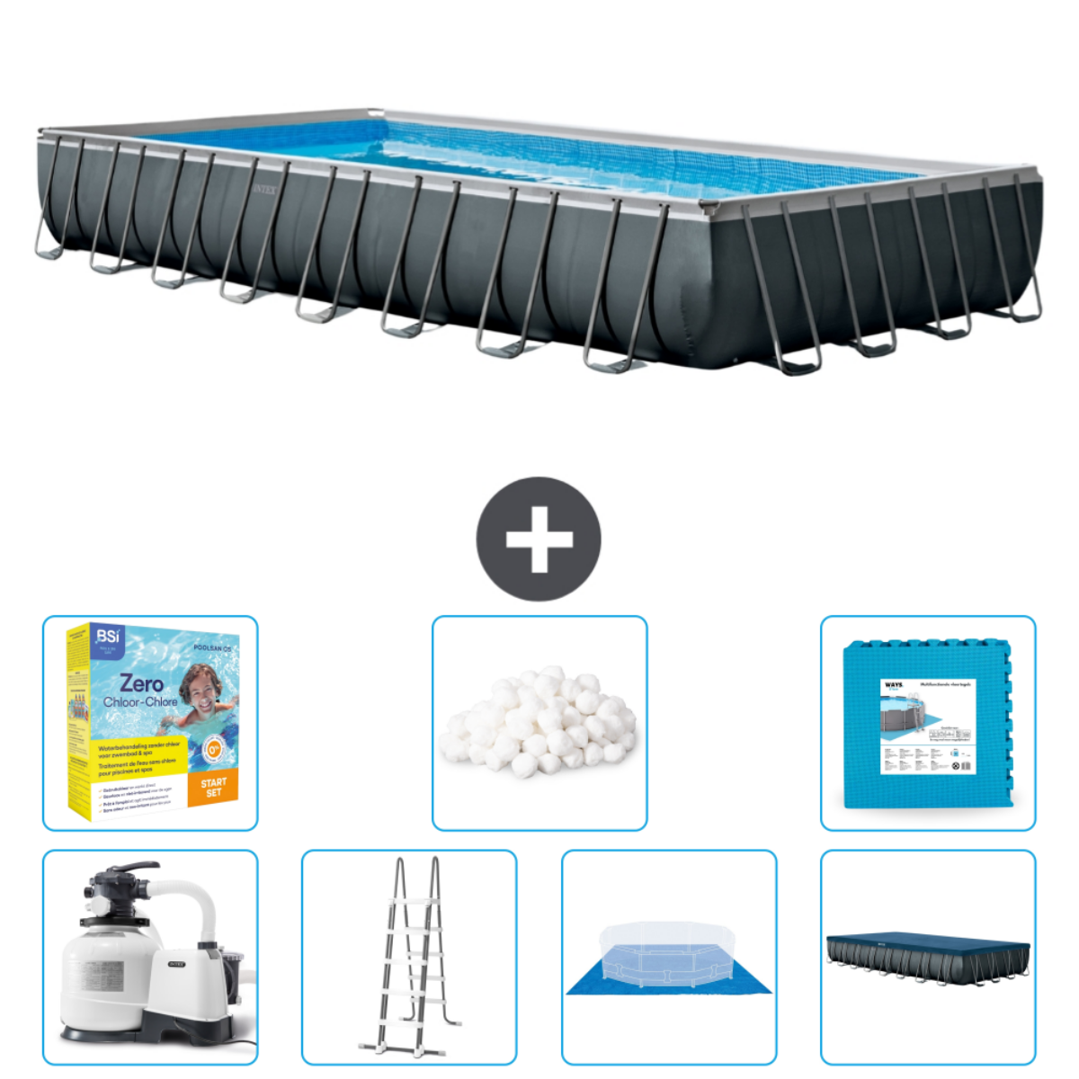People in an octagonal pool with accessories: filter, ladder, cover, and chemicals.