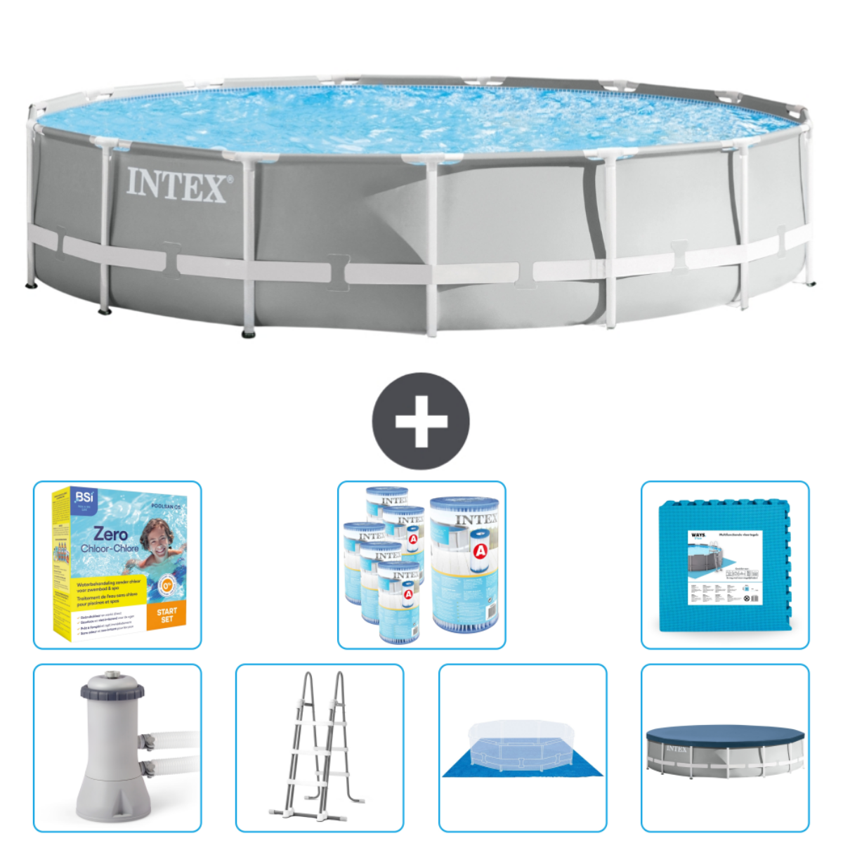 Grijze Intex-zwembad met water. Inclusief chemicaliën, ladder, pomp en accessoires.
