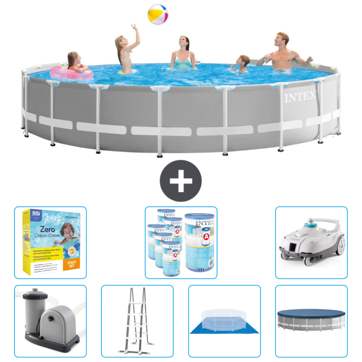 Grijs rond zwembad met zes personen, accessoires: chloor, pomp, ladder, afdekzeil en reiniger.