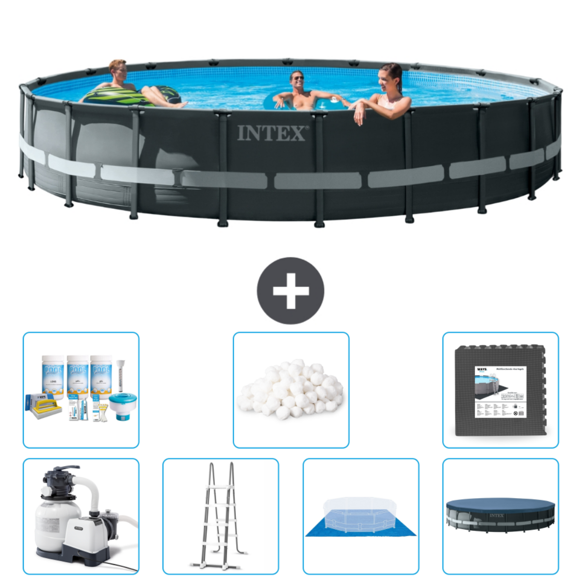 Mensen in een grijs Intex-zwembad. Inclusief: chemicaliën, filter, ladder en reiniging.