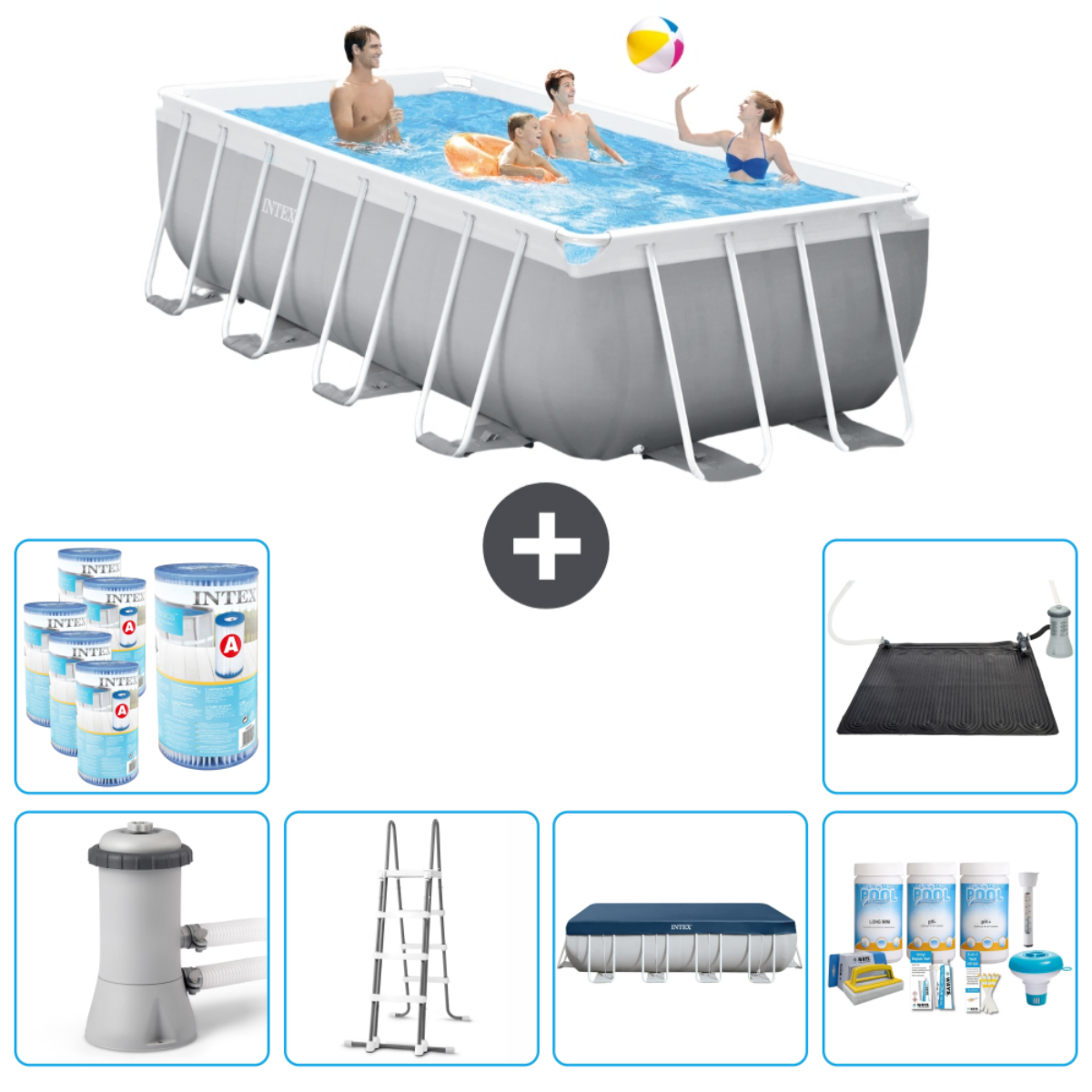 People in a gray pool with accessories: chemicals, filter, ladder, and cover.