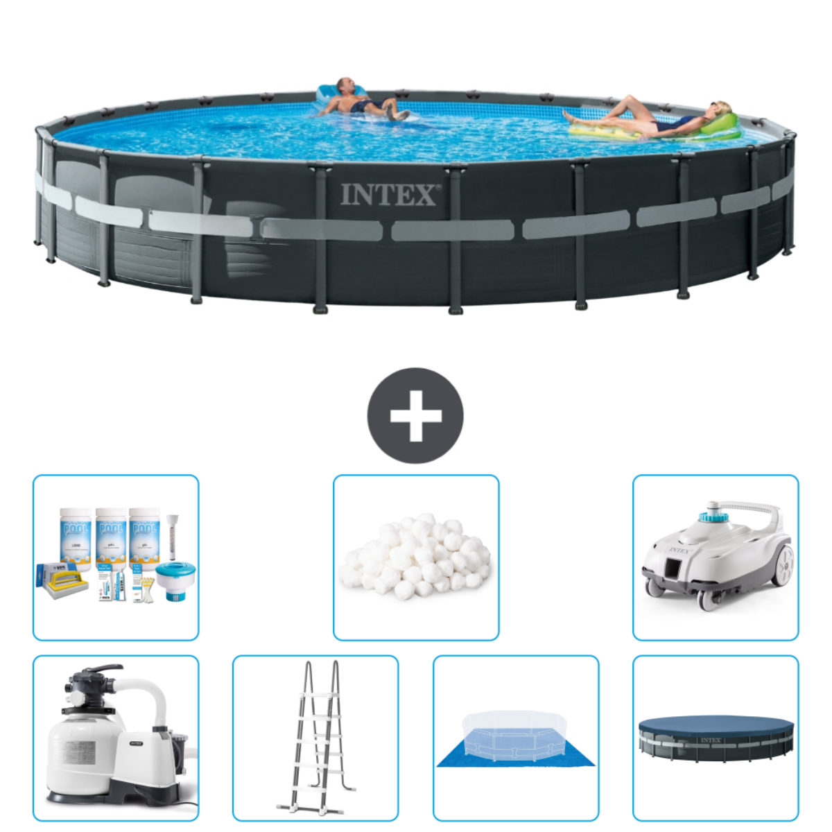 Piscine ronde gris foncé avec deux personnes, accessoires : chlore, filtre, échelle et nettoyant.