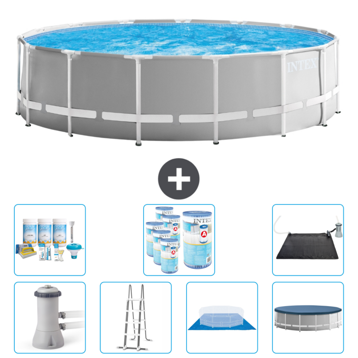 Une piscine Intex grise. Accessoires: produits chimiques, filtre, outils, échelle, bâche et tapis solaire.