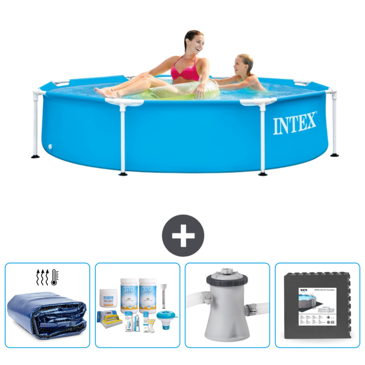 Personnes dans une piscine Intex avec accessoires. Inclut bâche, produits chimiques et filtre.