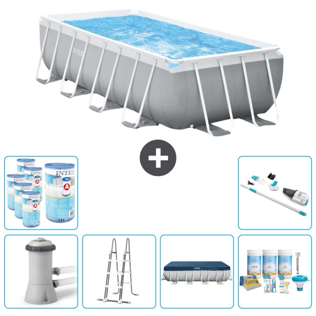Piscine rectangulaire avec accessoires: produits chimiques, filtre, échelle, couverture.