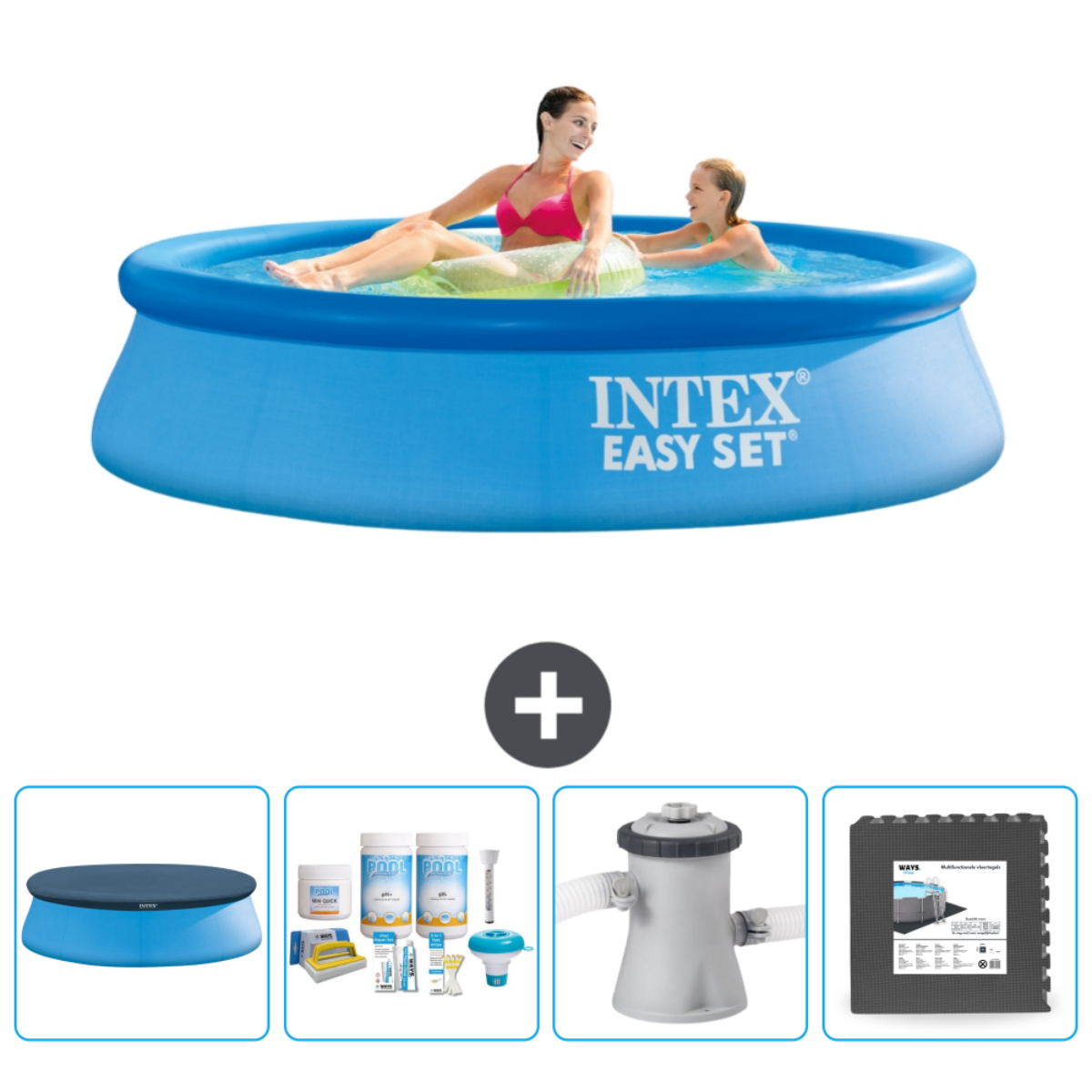 Twee vrouwen in een blauw zwembad. Accessoires: afdekzeil, chemicaliën, filter en mat. Zwembad is voorzien van INTEX EASY SET.