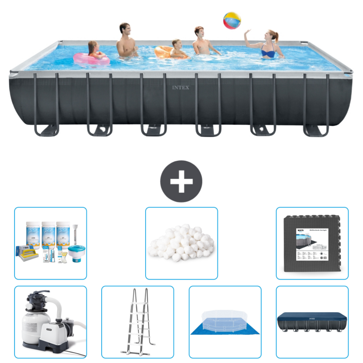 Mensen zwemmen in een donkergrijs Intex-zwembad. Accessoires getoond: chemicaliën, pomp, filter, ladder en zwembadreiniger.