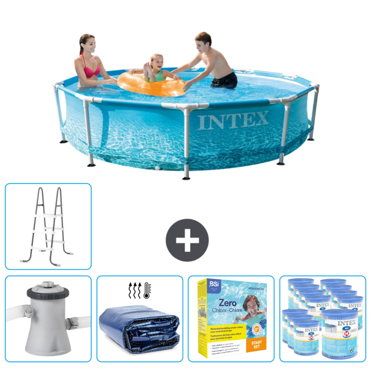 Piscine avec trois personnes. Accessoires: échelle, filtre, couverture, produits chimiques, kit de nettoyage.