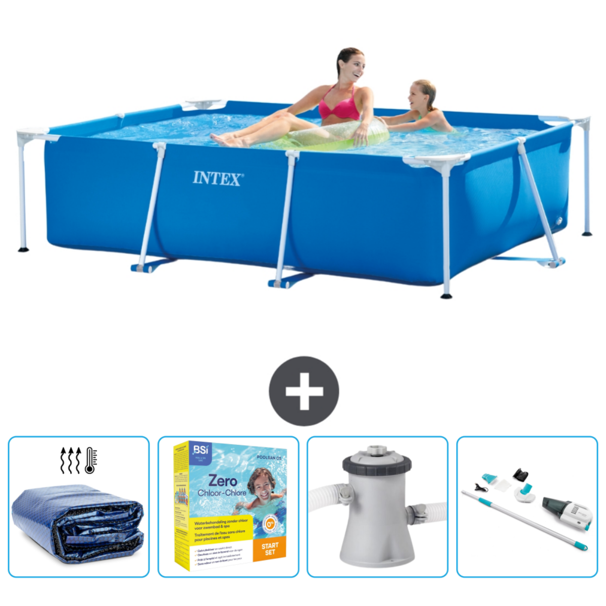 Blauw rechthoekig Intex-zwembad, accessoires: afdekzeil, chemicaliën, filter en reinigingsset.