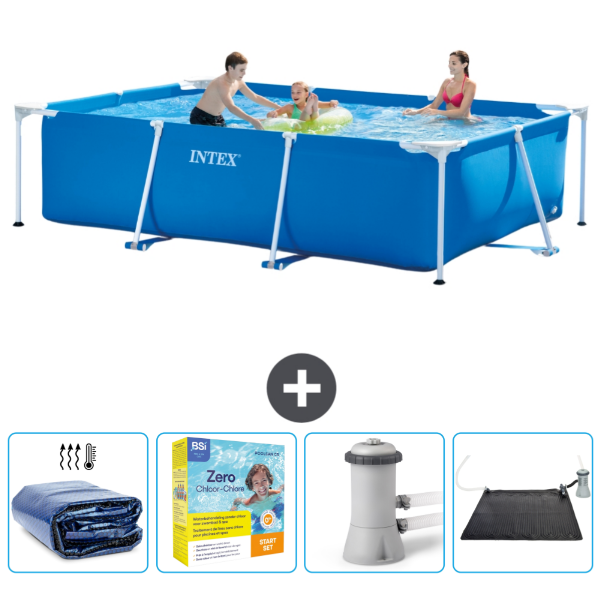 Des gens dans une piscine bleue. Accessoires : bâche, produits chimiques, filtre et tapis de nettoyage.
